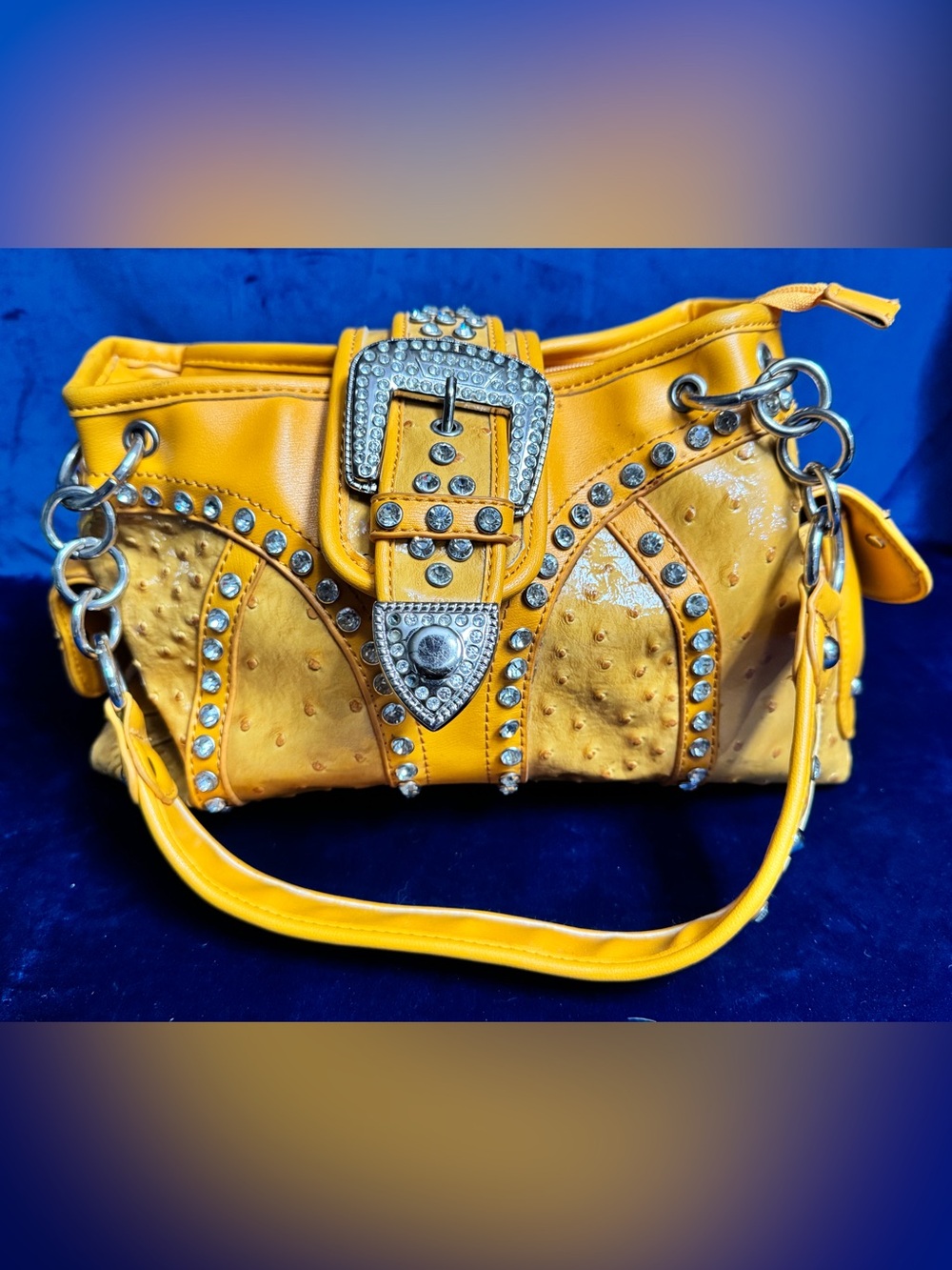 Silverake Western Handbag Mustard Yellow Faux Ostrich Rhinestone Buckle Purse.